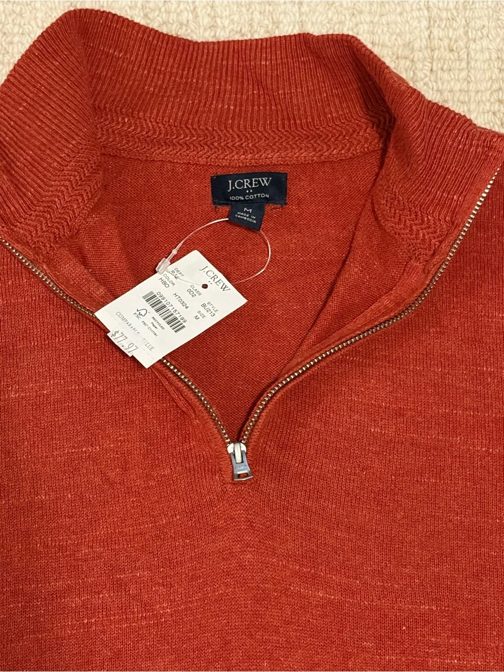 J. Crew Men’s Half-Zip Cotton Sweater in Rust Orange